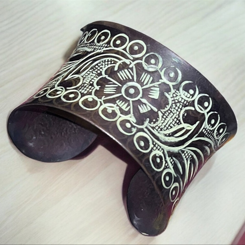 Bohemian Floral Engraved Cuff Gold Bronze Bangle Bracelet